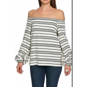 1.STATE Womens Ruched Sleeve Off the Shoulder Blouse, White - XL